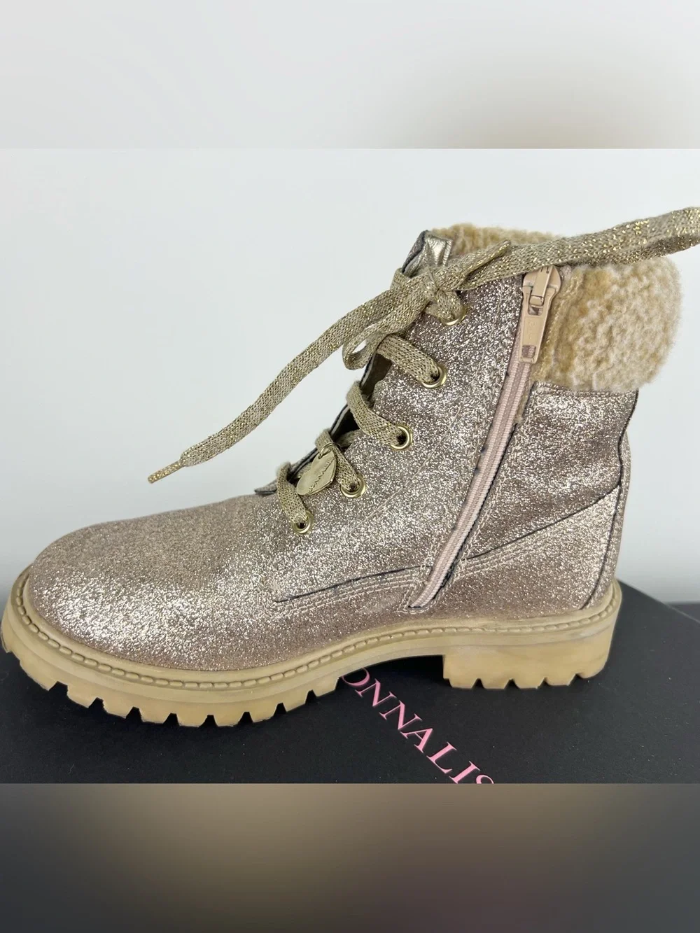 Monnalisa Girls Lace-Up Gold Glitter Ankle Boots, Beige, 34 EU